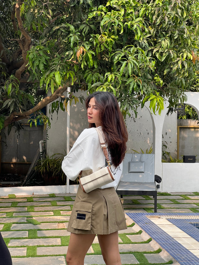 BEIGE UTILITY SKIRT WITH FLAP POCKETS